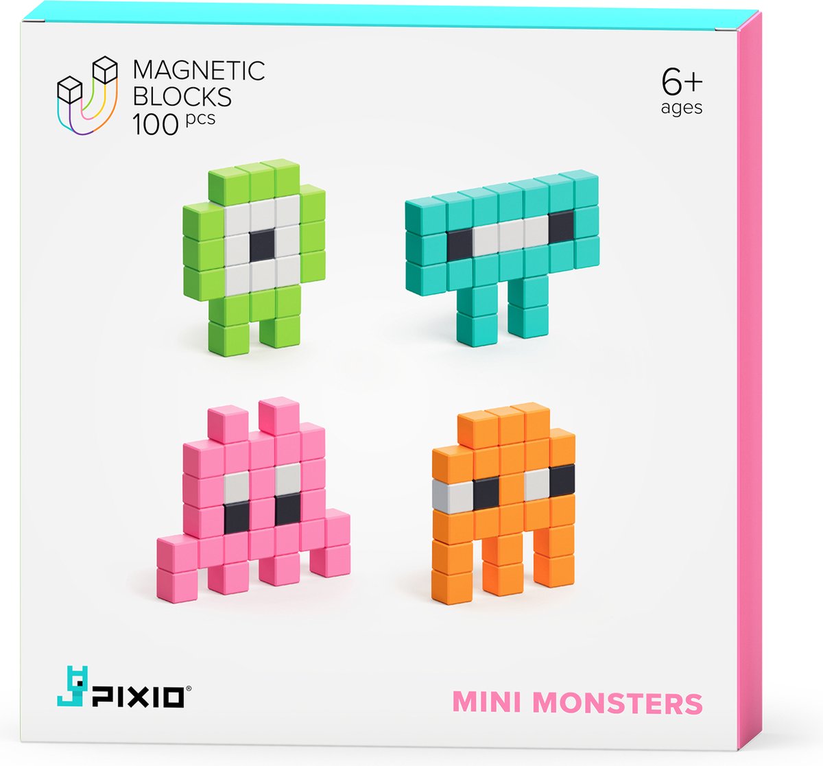 Pixio Magnetic Blocks | Design Series | Pixio-Mini Monsters | 6 Kleuren | 100 blokken